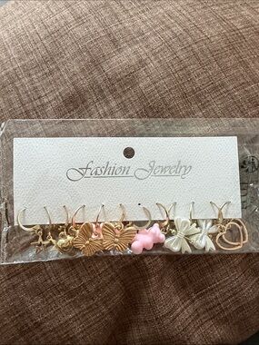Fashion Jewelry Women’s Pink & Gold Charm Hoop Earring Set